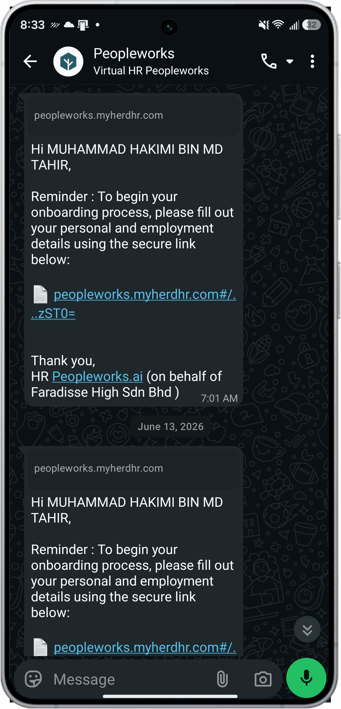 PeopleWorks HR chatbot on WhatsApp, sending an onboarding reminder